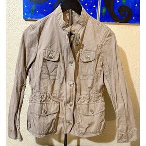 Ann Taylor Loft Jacket Womens Medium Petite Khaki Pockets Zipper Buttons